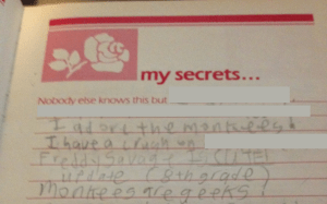 Though I was more right than I knew at the time, "Geek" was not a compliment in 1980s Oklahoma. Believe me... I KNOW. Also, 8th grade me went through this diary and scratched out or erased every positive comment 5th-6th grade me had made about the Monkees. Of course, I understand where she was coming from too.